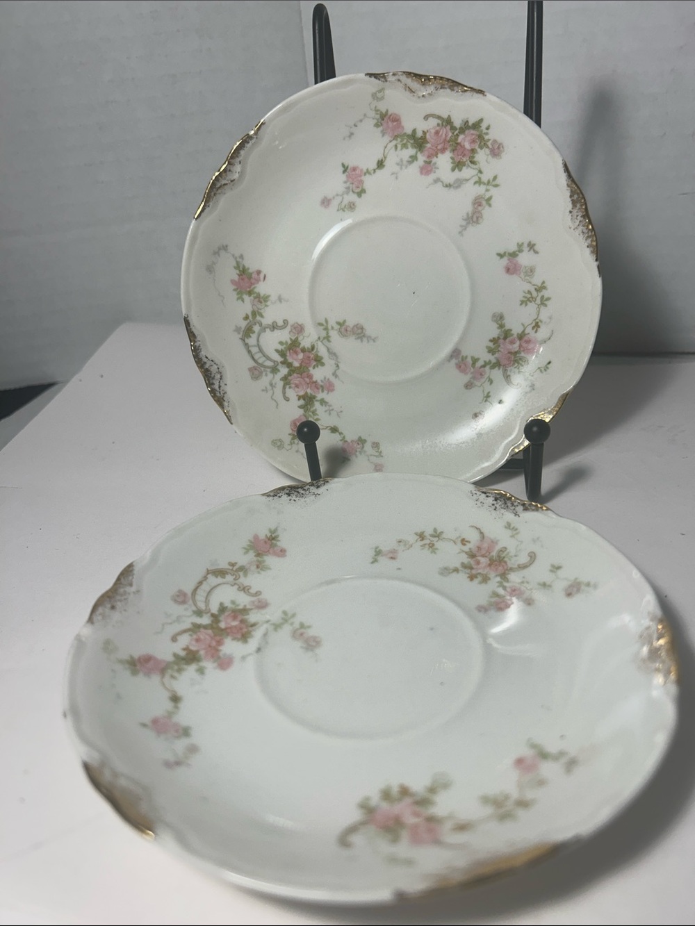 Vintage Floral Saucer Set in White with Pink Roses Warwick set of 2